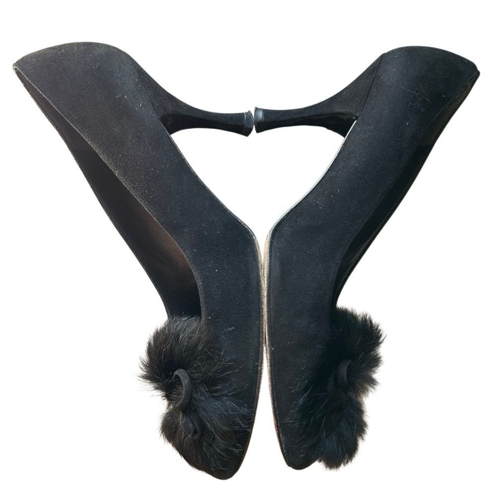 Stuart Weitzman black fur suede leather square toe Bow Heel 7.5 Pump Career Y2K - Picture 6 of 8